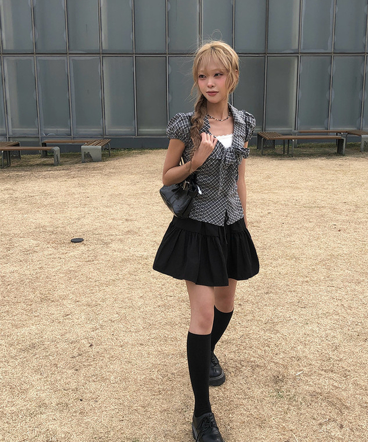 リボンパフVネックチェックシャツ GREY