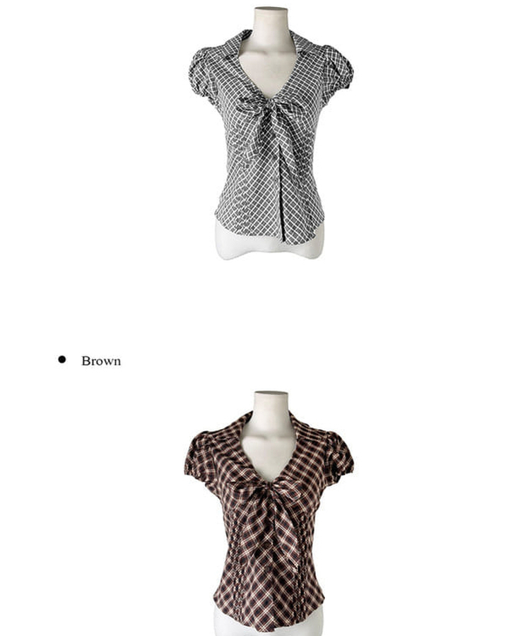 リボンパフVネックチェックシャツ