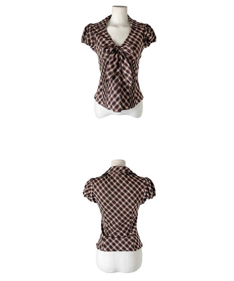 リボンパフVネックチェックシャツ