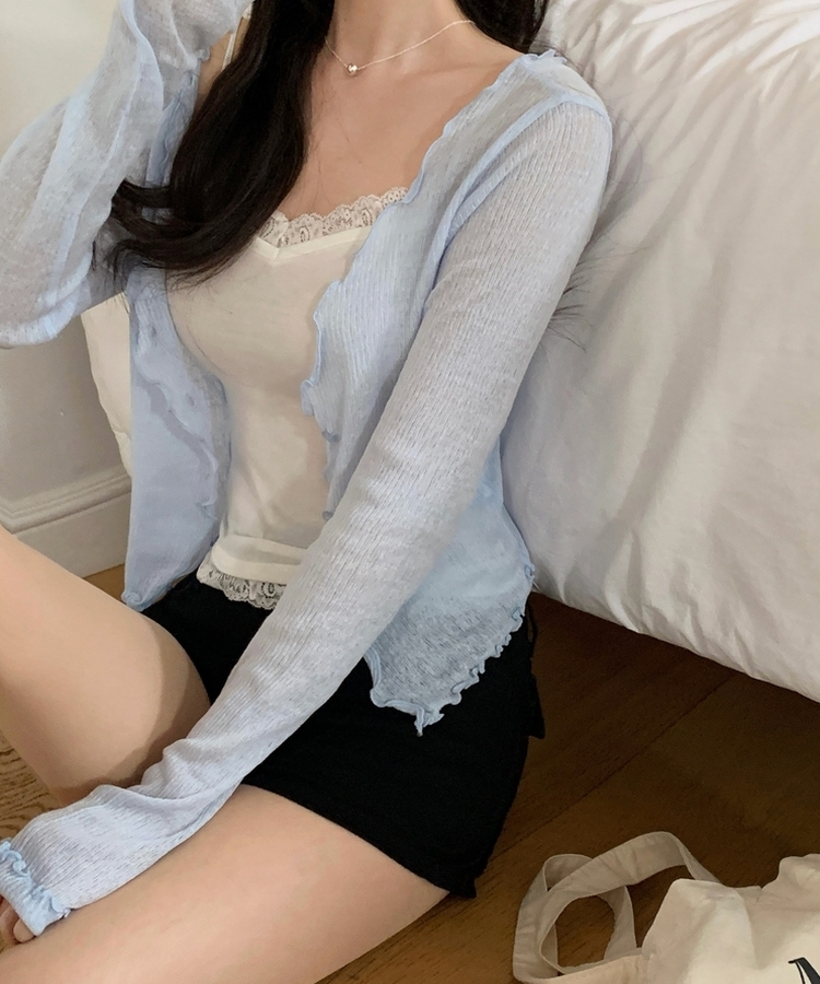 フリルシースルーニットカーディガン SKY BLUE