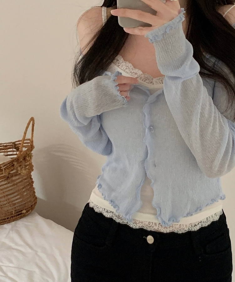 フリルシースルーニットカーディガン SKY BLUE