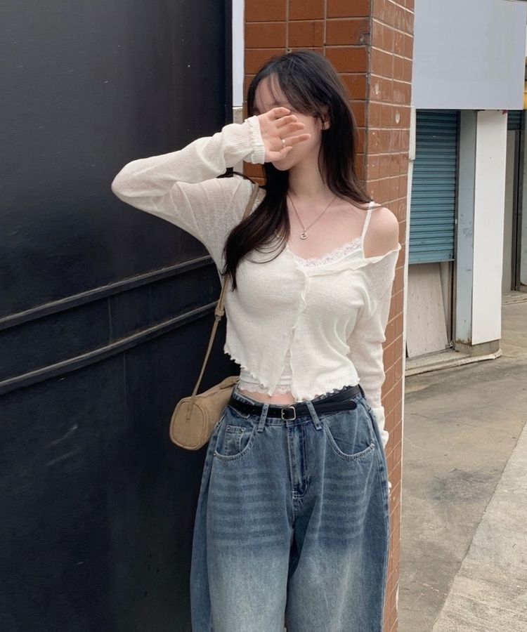 フリルシースルーニットカーディガン IVORY