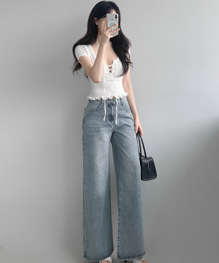 スモッキングフリル半袖Tシャツ IVORY