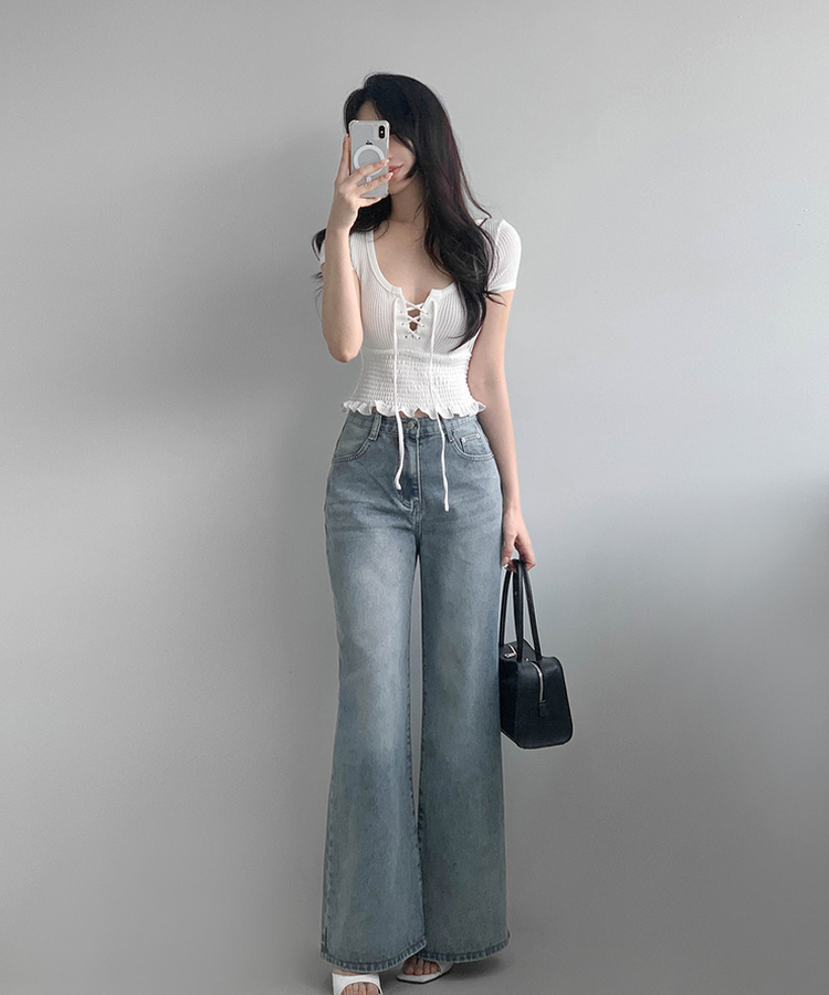 スモッキングフリル半袖Tシャツ IVORY