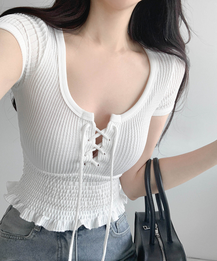 スモッキングフリル半袖Tシャツ IVORY