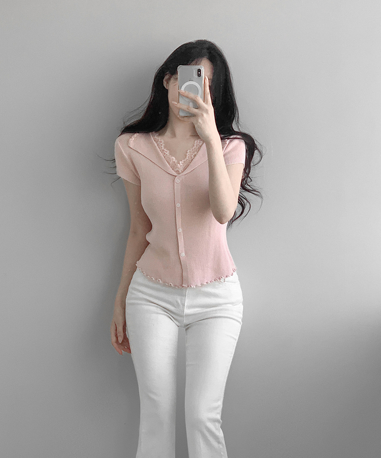 レースボタン半袖ニット PINK