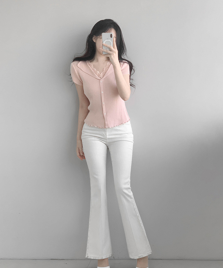 レースボタン半袖ニット PINK