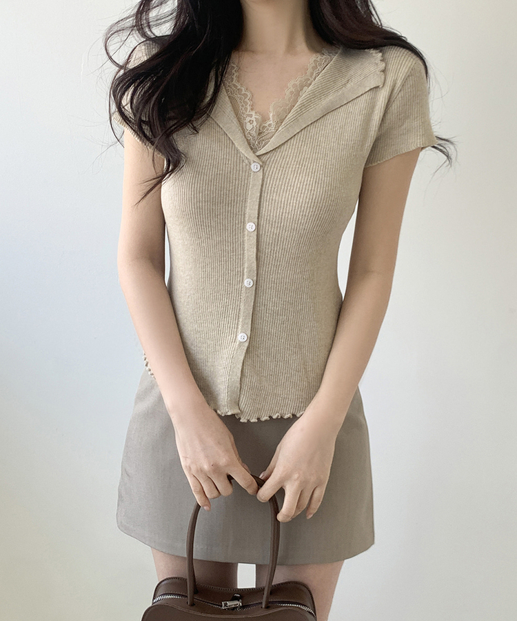 レースボタン半袖ニット BEIGE