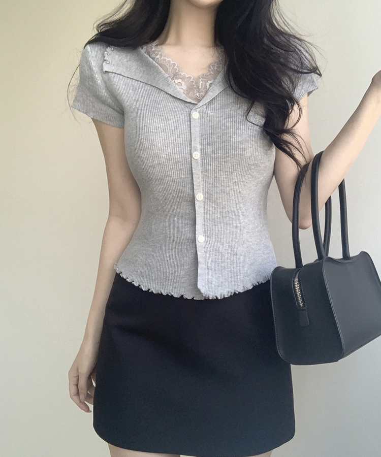 レースボタン半袖ニット GRAY