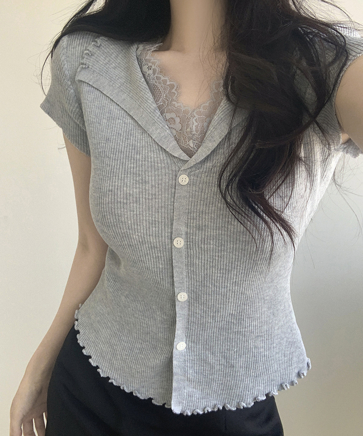 レースボタン半袖ニット GRAY