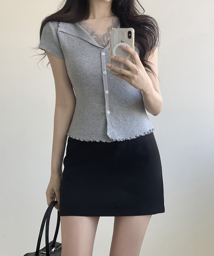 レースボタン半袖ニット GRAY