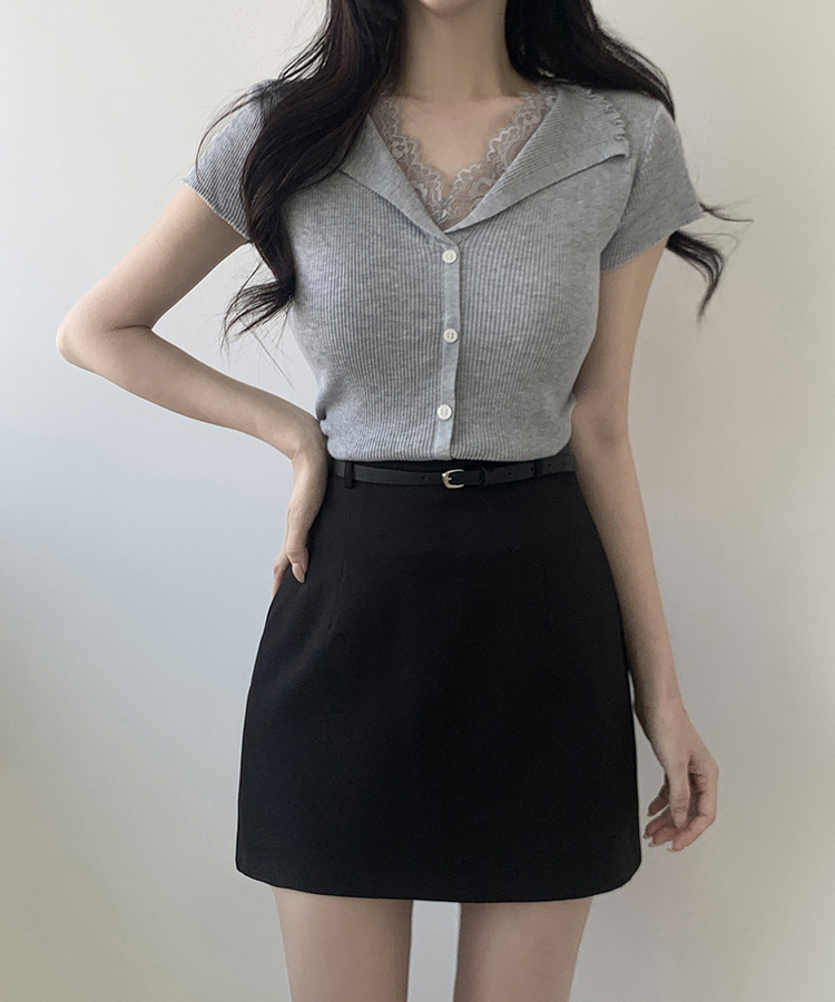 レースボタン半袖ニット GRAY