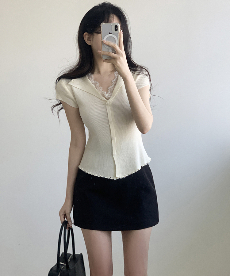 レースボタン半袖ニット IVORY