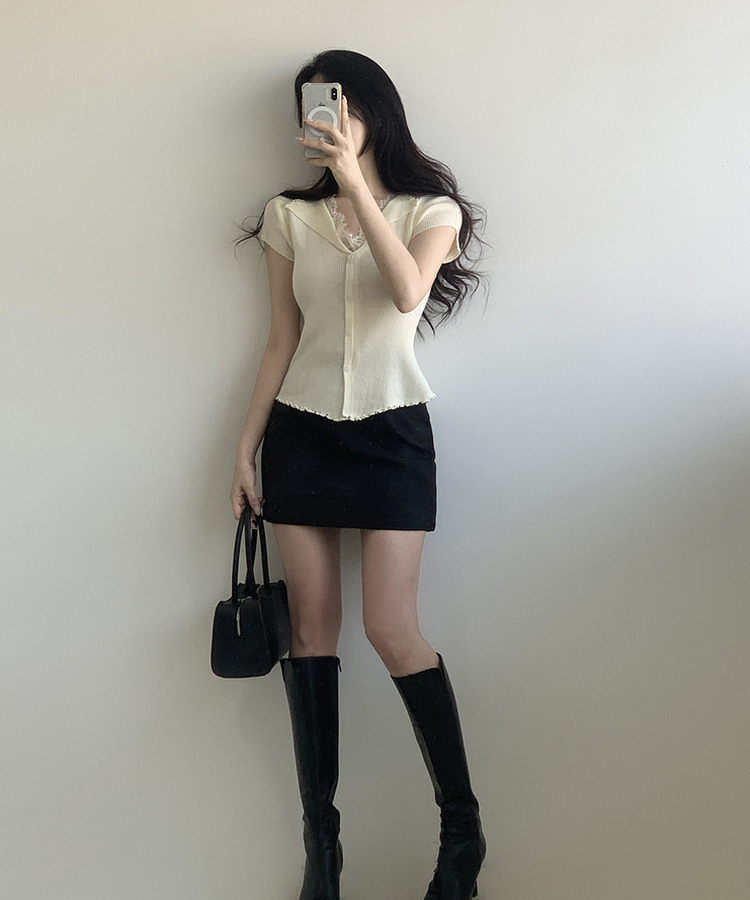 レースボタン半袖ニット IVORY