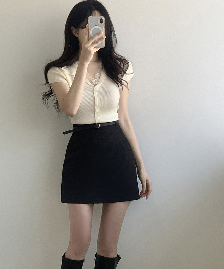 レースボタン半袖ニット IVORY