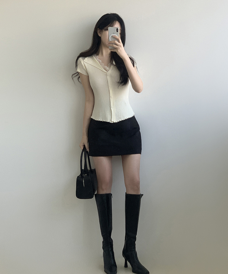 レースボタン半袖ニット IVORY