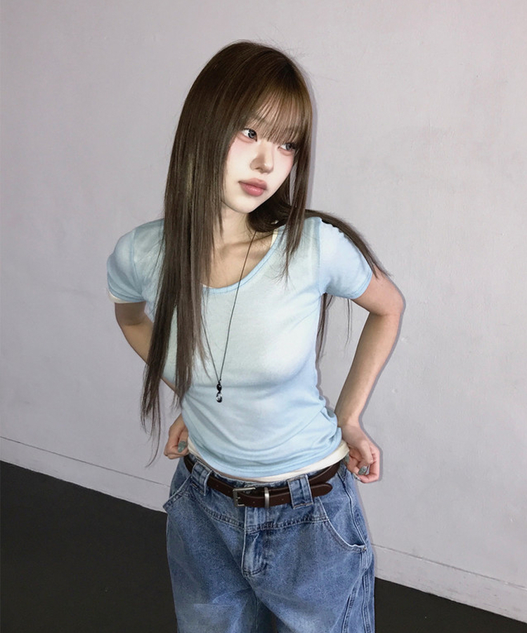 シースルーレイヤード半袖Tシャツ(11color) SKYBLUE