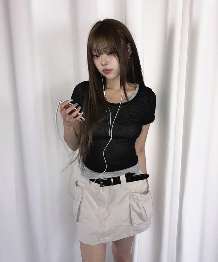 シースルーレイヤード半袖Tシャツ(11color) MERANGE GRAY