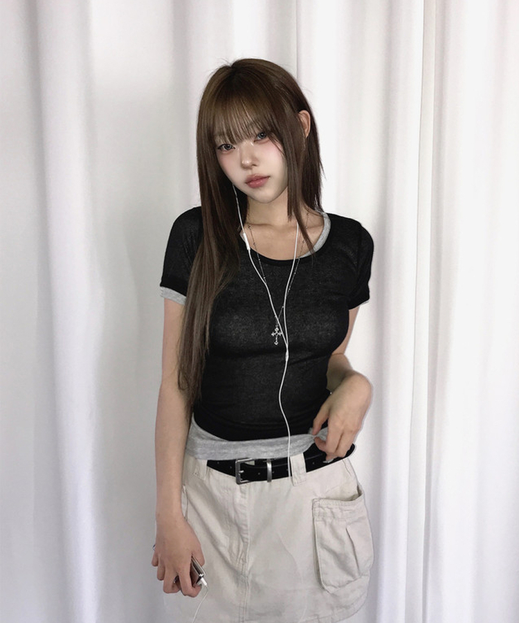 シースルーレイヤード半袖Tシャツ(11color) BLACK