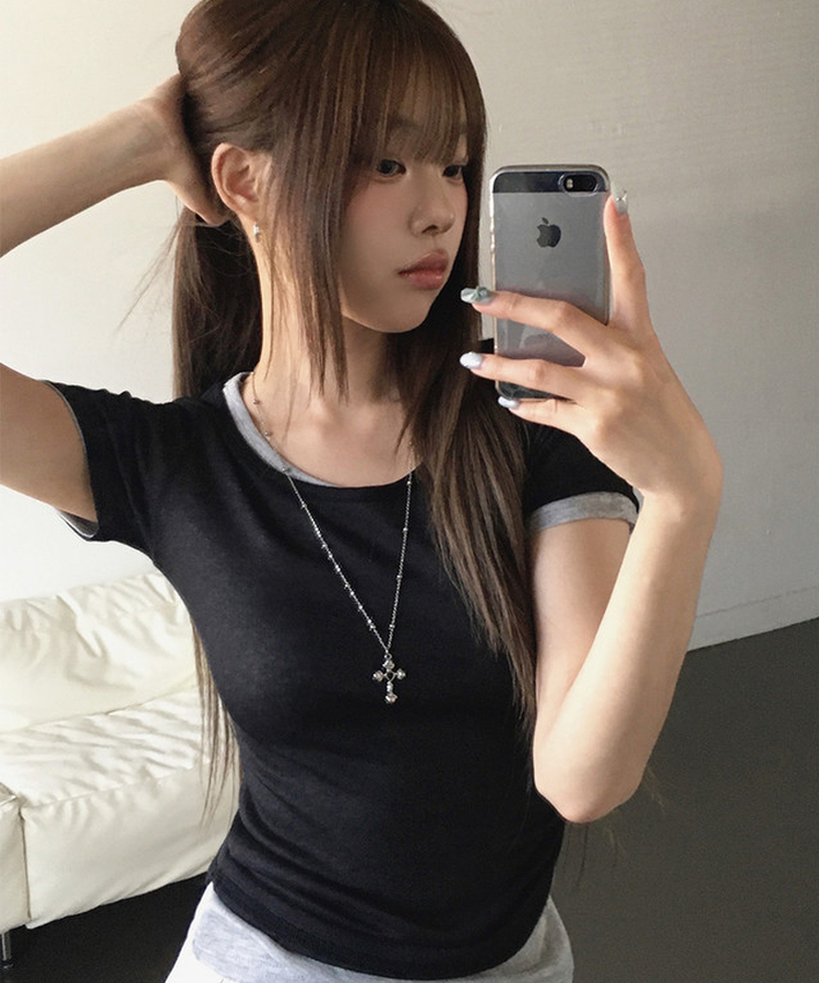 シースルーレイヤード半袖Tシャツ(11color) MERANGE GRAY