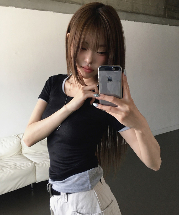 シースルーレイヤード半袖Tシャツ(11color) BLACK