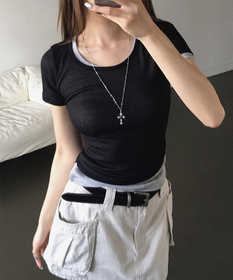 シースルーレイヤード半袖Tシャツ(11color) BLACK