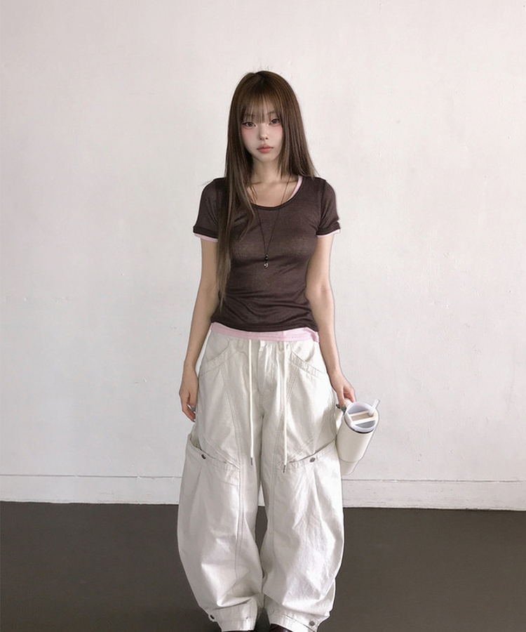 シースルーレイヤード半袖Tシャツ(11color) BROWN