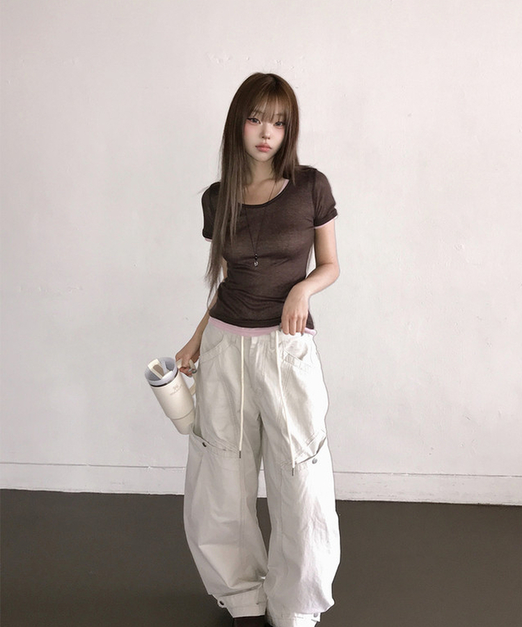 シースルーレイヤード半袖Tシャツ(11color) BROWN