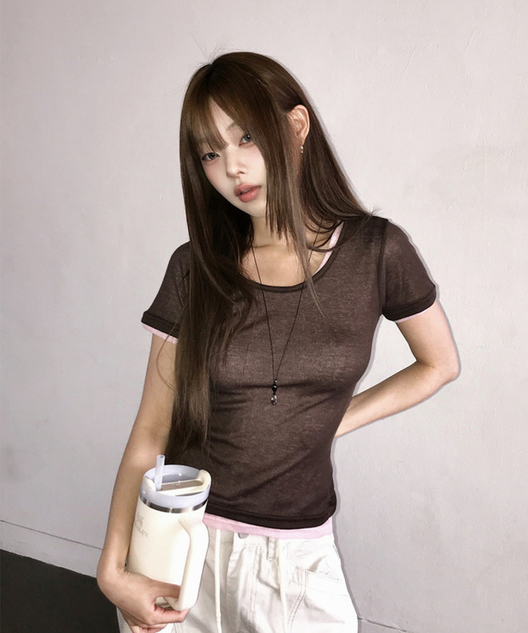 シースルーレイヤード半袖Tシャツ(11color) BROWN