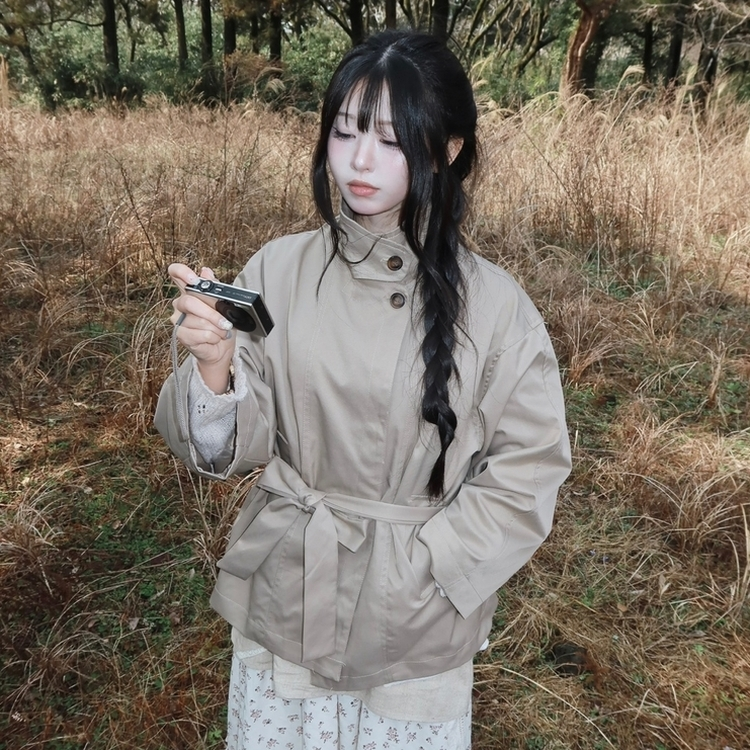 ハイネックベルトトレンチショートコートジャケット KHAKI BEIGE
