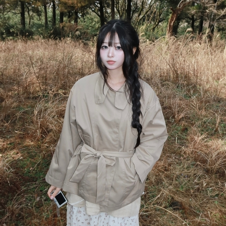 ハイネックベルトトレンチショートコートジャケット KHAKI BEIGE