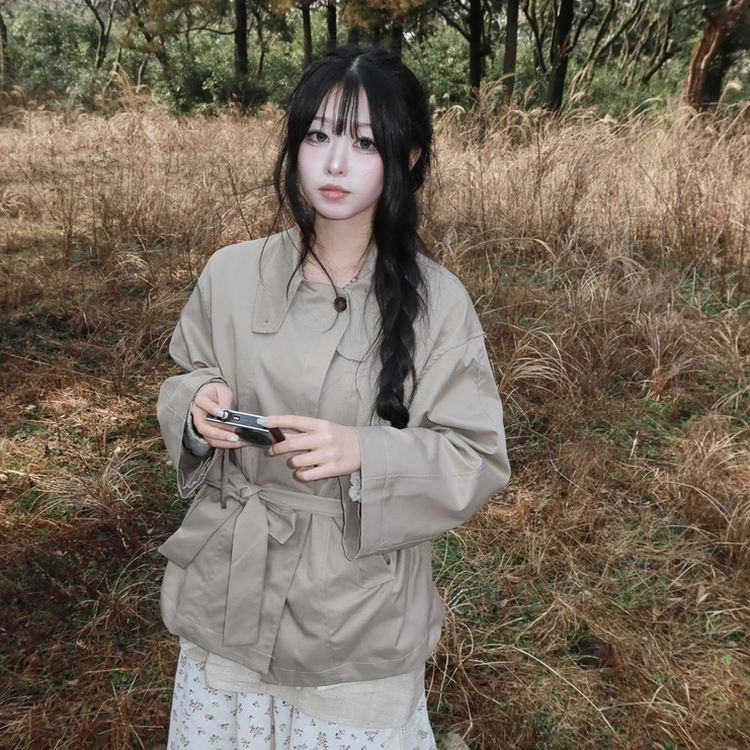 ハイネックベルトトレンチショートコートジャケット KHAKI BEIGE