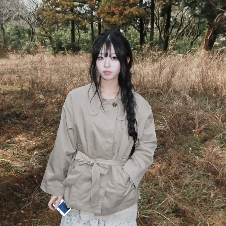 ハイネックベルトトレンチショートコートジャケット KHAKI BEIGE