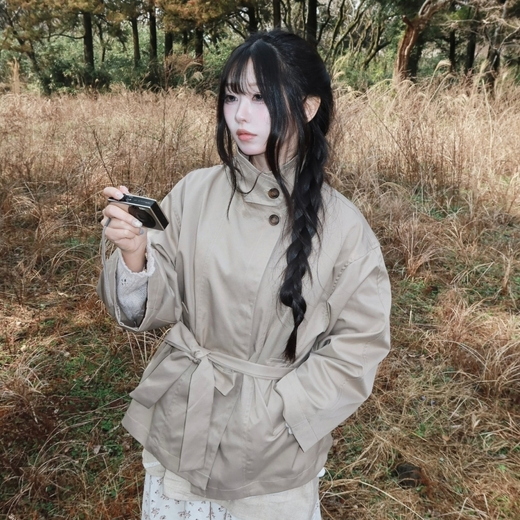 ハイネックベルトトレンチショートコートジャケット KHAKI BEIGE