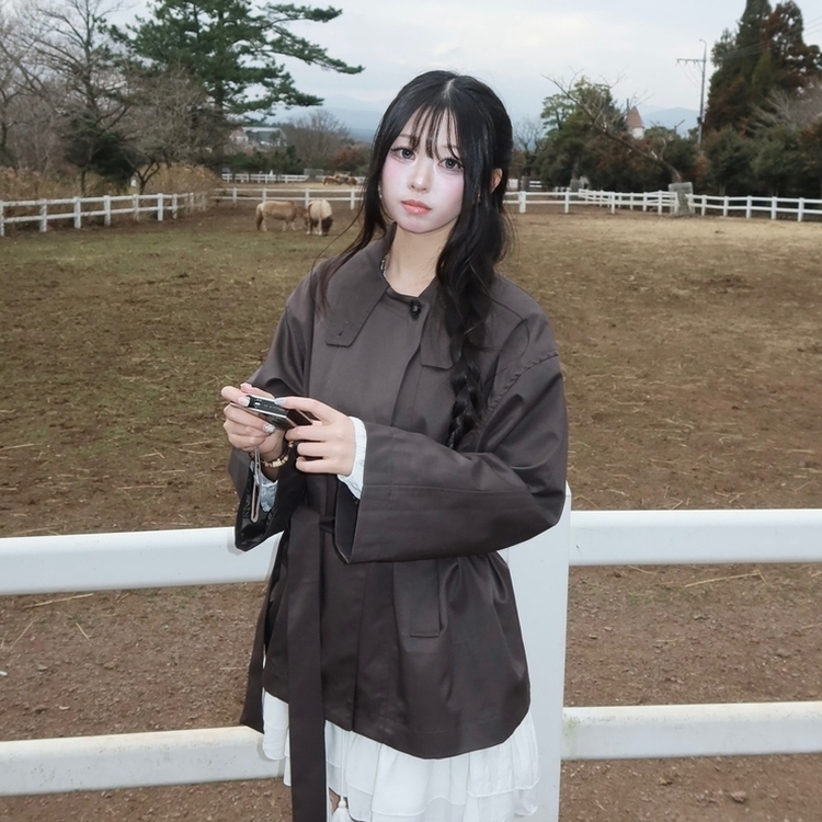 ハイネックベルトトレンチショートコートジャケット CHARCOAL