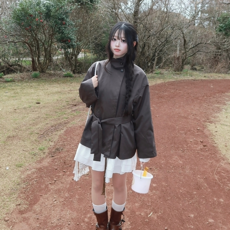 ハイネックベルトトレンチショートコートジャケット CHARCOAL