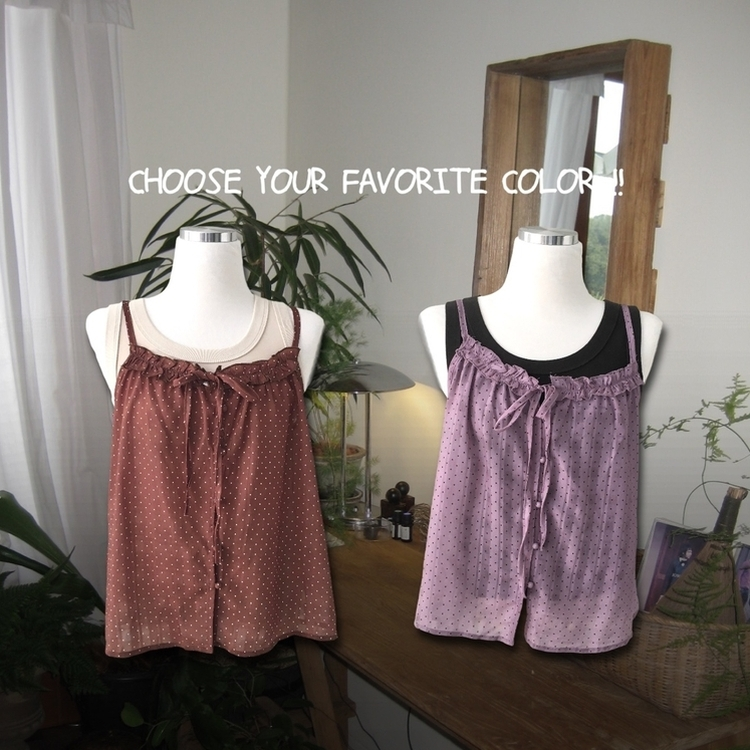 【SET】ドットリボンキャミソール＋レイヤードキャミ