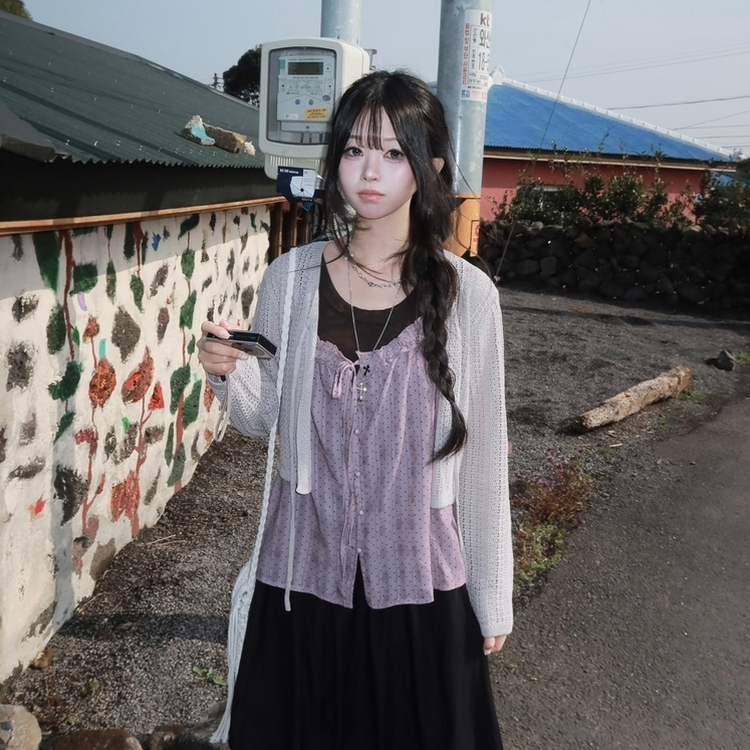 【SET】ドットリボンキャミソール＋レイヤードキャミ PURPLE