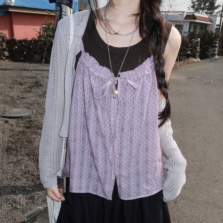 【SET】ドットリボンキャミソール＋レイヤードキャミ PURPLE