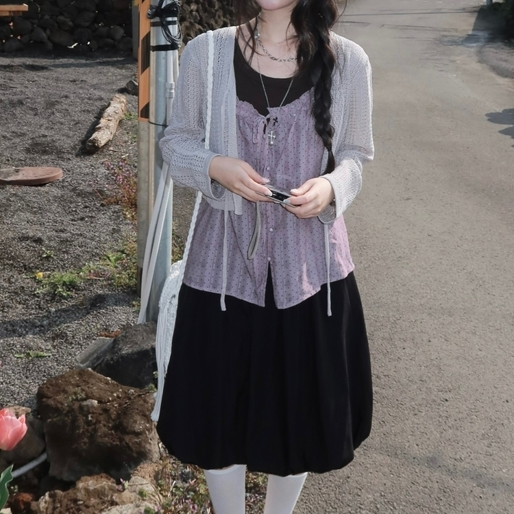 【SET】ドットリボンキャミソール＋レイヤードキャミ PURPLE