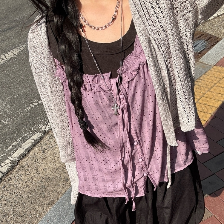 【SET】ドットリボンキャミソール＋レイヤードキャミ PURPLE