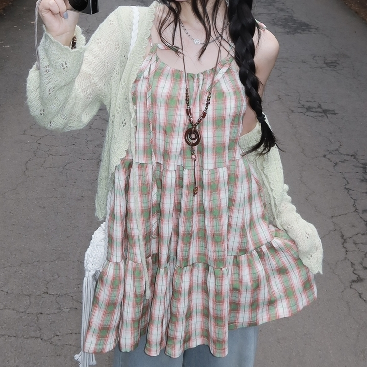 ティアードチェックキャミソールワンピース GREEN