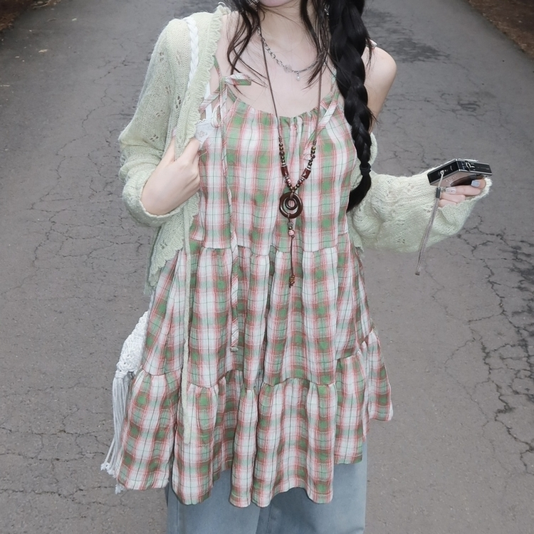 ティアードチェックキャミソールワンピース GREEN