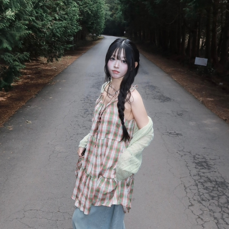 ティアードチェックキャミソールワンピース GREEN