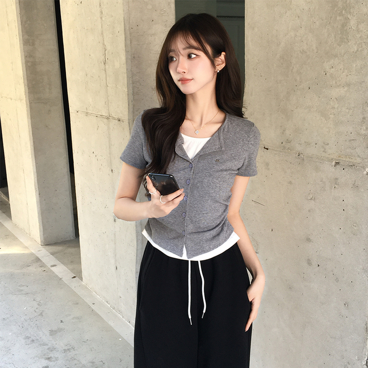 유니 레이어드 나시 가디건 허리 셔링 반팔 가디건 와펜 봄 아우터 팬던트 반팔티 여름 상의 5color 그레이