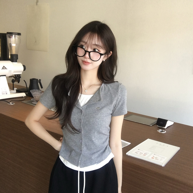 유니 레이어드 나시 가디건 허리 셔링 반팔 가디건 와펜 봄 아우터 팬던트 반팔티 여름 상의 5color 그레이