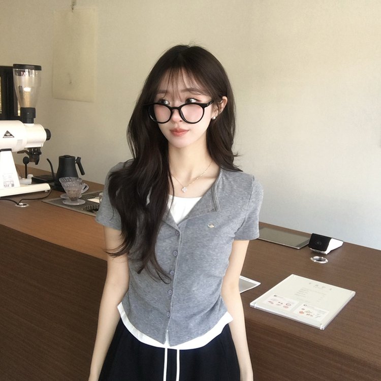 유니 레이어드 나시 가디건 허리 셔링 반팔 가디건 와펜 봄 아우터 팬던트 반팔티 여름 상의 5color 그레이