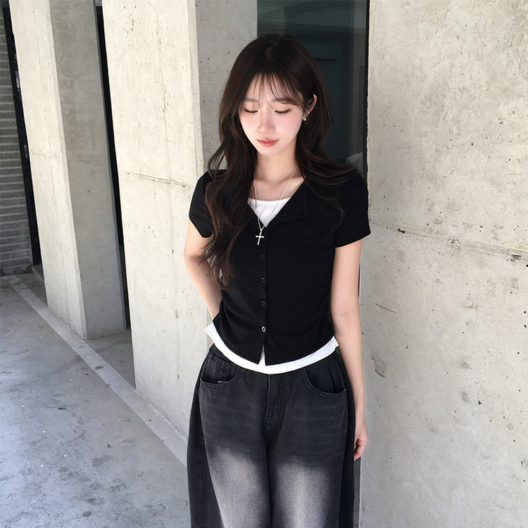 유니 레이어드 나시 가디건 허리 셔링 반팔 가디건 와펜 봄 아우터 팬던트 반팔티 여름 상의 5color 블랙