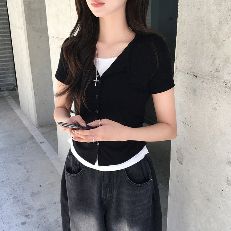 유니 레이어드 나시 가디건 허리 셔링 반팔 가디건 와펜 봄 아우터 팬던트 반팔티 여름 상의 5color 블랙
