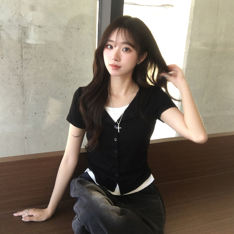 유니 레이어드 나시 가디건 허리 셔링 반팔 가디건 와펜 봄 아우터 팬던트 반팔티 여름 상의 5color 블랙